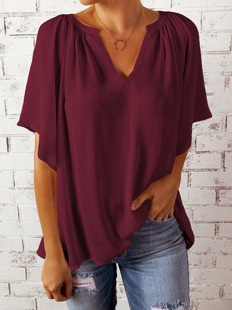 Daphne Ruched Notched Half Sleeve Blouse