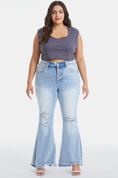 Sophia Full Size Distressed Raw Hem High Waist Flare Jeans
