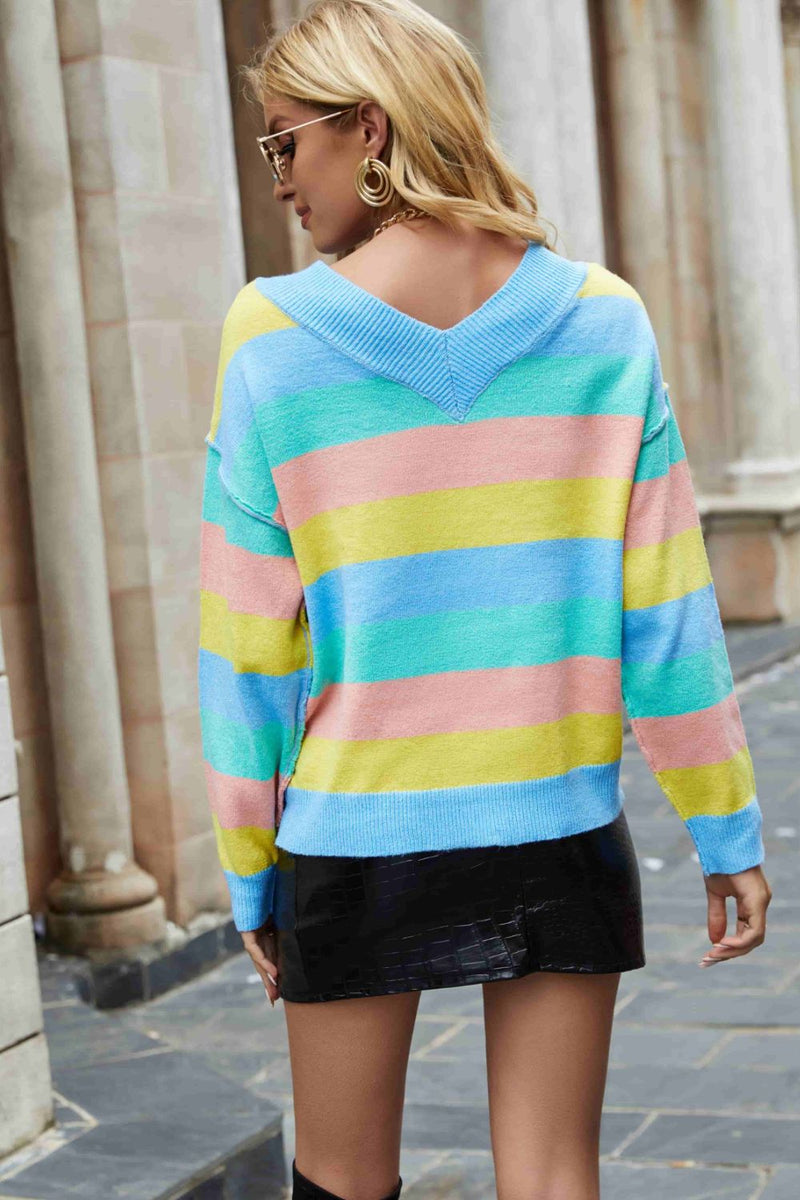 Halle Rainbow Stripe Exposed Seam V-Neck Sweater