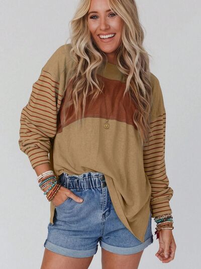 Leslie Round Neck Striped Long Sleeve Slit T-Shirt -- Deal of the day!