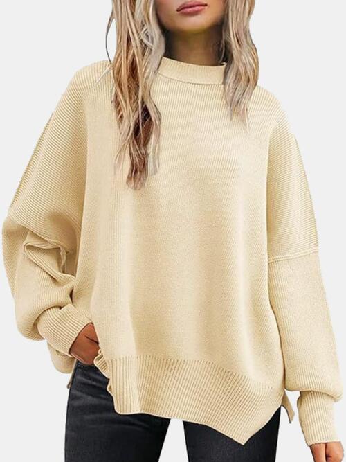 Brave Round Neck Drop Shoulder Slit Sweater