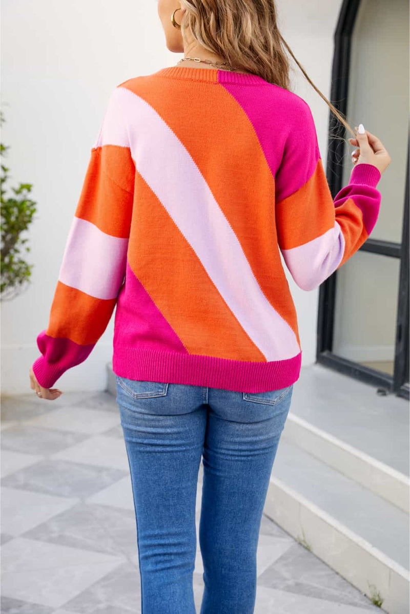 Lyric Color Block Ribbed Round Neck Sweater