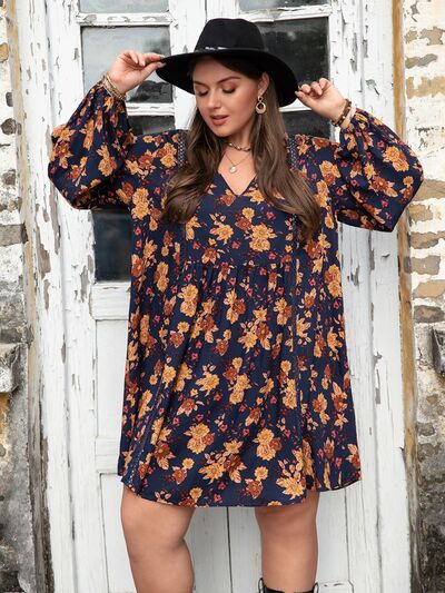 Vayla Plus Size Floral V-Neck Balloon Sleeve Dress