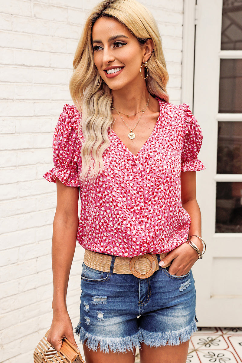 Melody Printed Flounce Sleeve Plunge Blouse