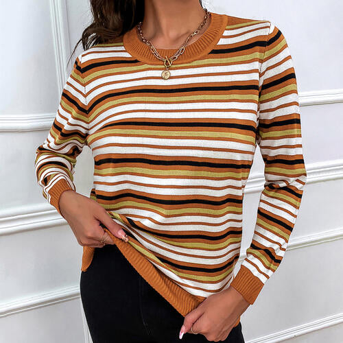 Alondra Striped Round Neck Long Sleeve Sweater