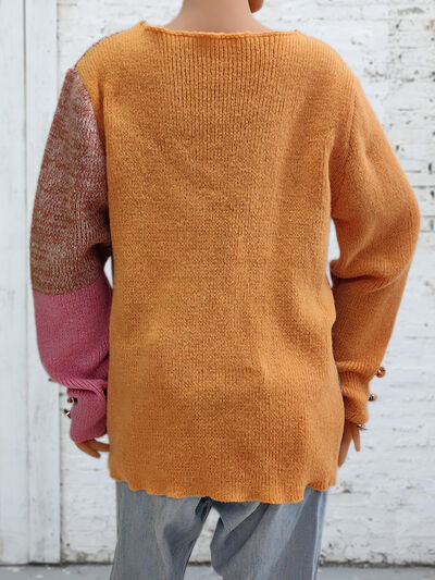 Meagen Color Block Decorative Button Long Sleeve Sweater