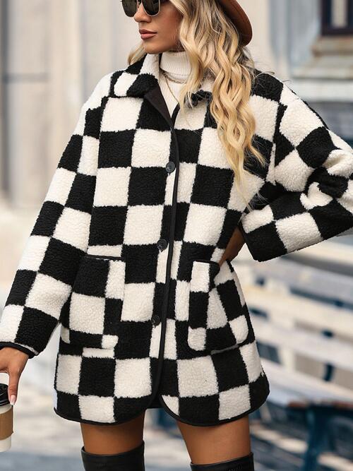 Layla Full Size Checkered Button Front Coat with Pockets