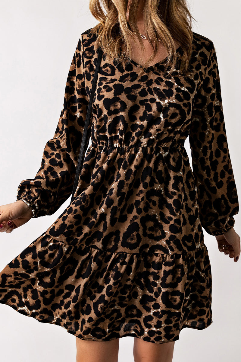 Joan Leopard V-Neck Balloon Sleeve Tiered Dress
