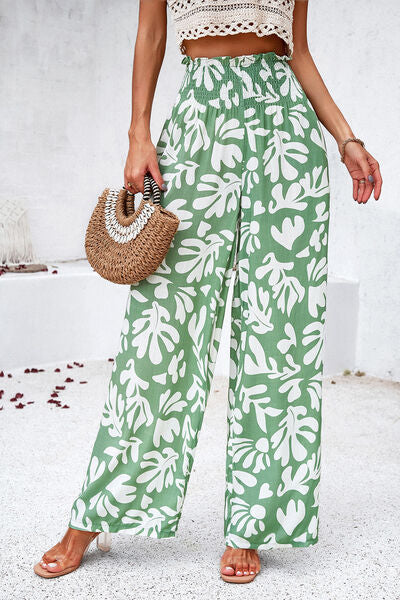 Cambria Vacation Ready Smocked Printed Wide Leg Pants with Pockets