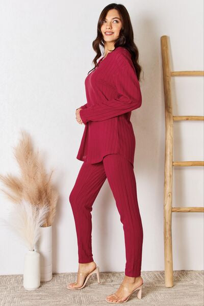 Brugh Basic Bae Full Size Notched Long Sleeve Top and Pants Set