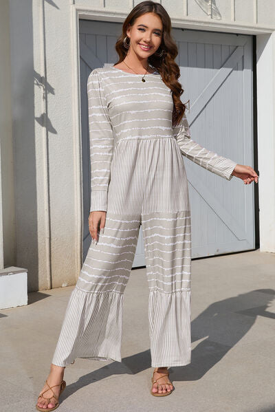 Coco Striped Round Neck Long Sleeve Jumpsuit