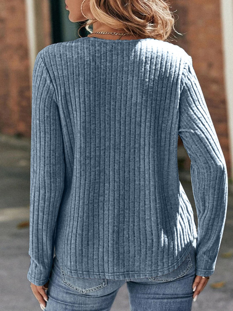Izzy Round Neck Ribbed Long Sleeve T-Shirt- Deal of the Day!