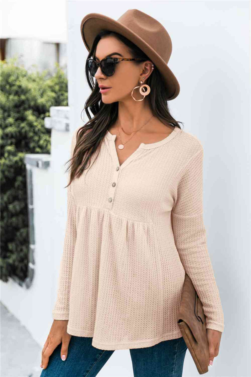 Quincy Button Front Waffle Knit Babydoll Top