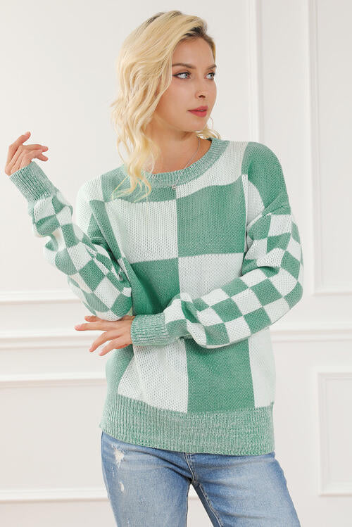 Chelsey Checkered Drop Shoulder Long Sleeve Sweater