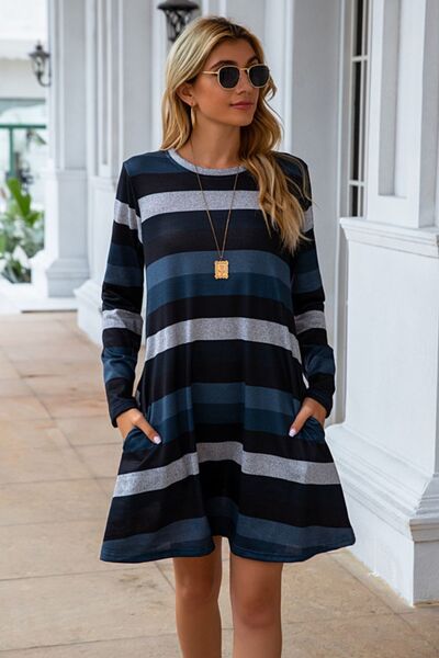 Shia Striped Round Neck Long Sleeve Dress -- Deal of the day!