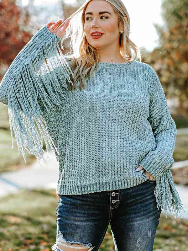 Tannika Plus Size Round Neck Long Sleeve Fringe Detail Sweater