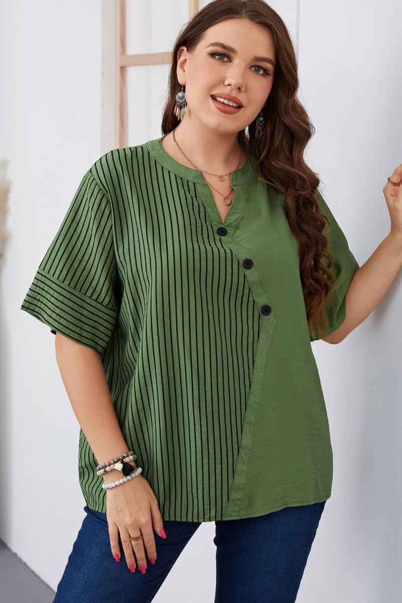 Paige Plus Size Striped Notched Neck Half Sleeve Top