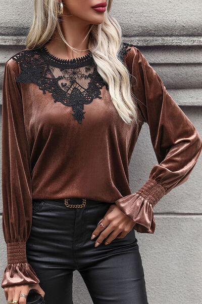Delaney Lace Detail Round Neck Smocked Flounce Sleeve Blouse
