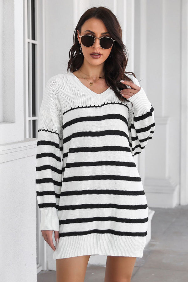 Melina Striped V-Neck Drop Shoulder Sweater Dress