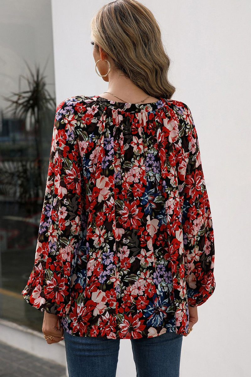 Adley Floral Print Balloon Sleeve Ruched Blouse