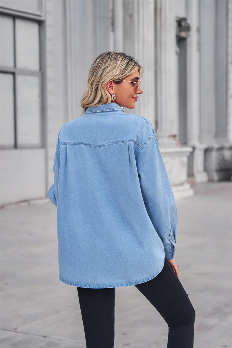 Deanna Collared Neck Dropped Shoulder Denim Top -- Deal of the day!