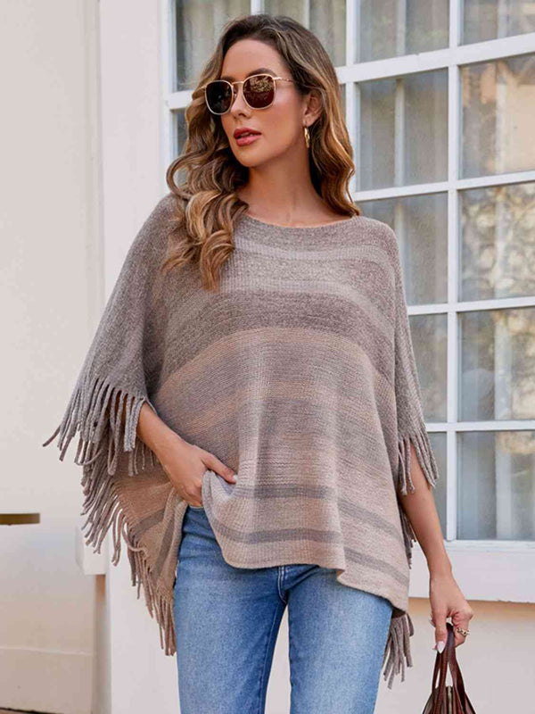Valeria Striped Boat Neck Poncho with Fringes