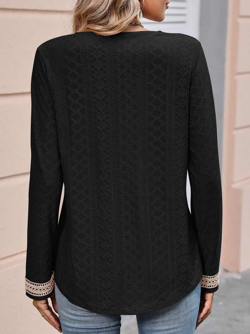 Mirabella Contrast V-Neck Eyelet Long Sleeve Top - Deal of the Day!