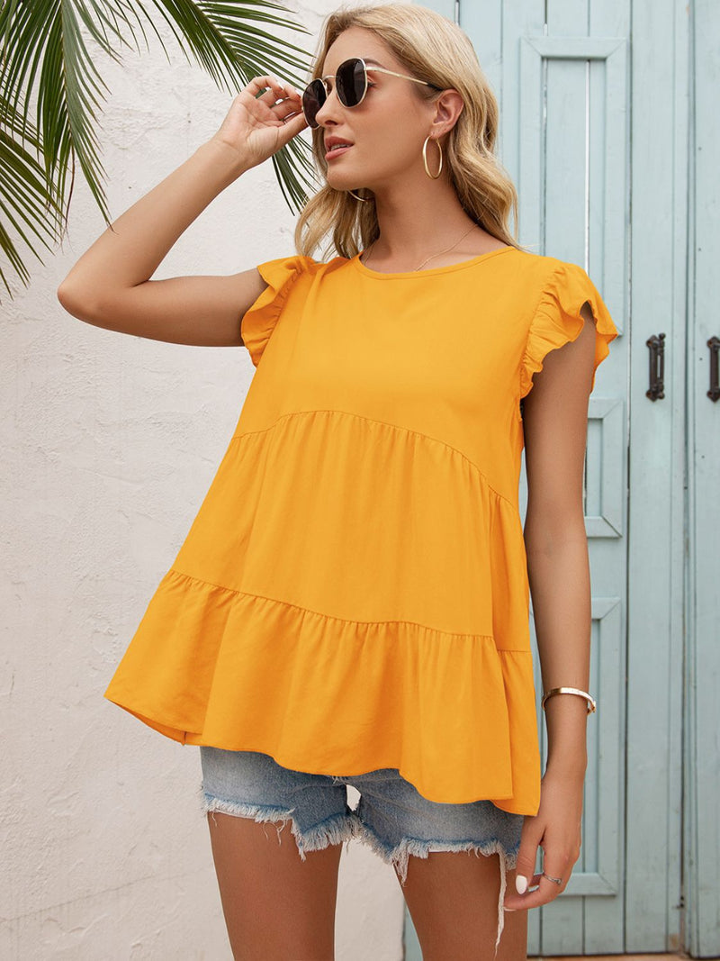 Raleigh Round Neck Flutter Sleeve Tiered Blouse