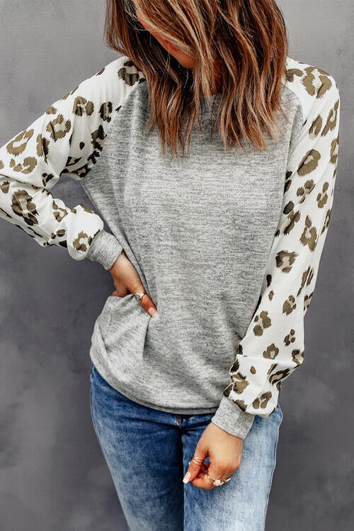 Sandra Round Neck Leopard Print Raglan Sleeve Top