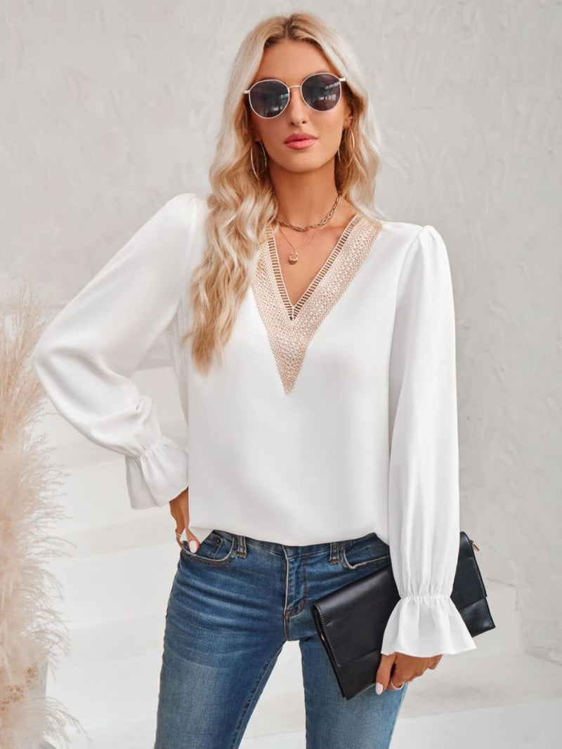 Deal of the Day Zoe Contrast Trim Flounce Sleeve V-Neck Blouse