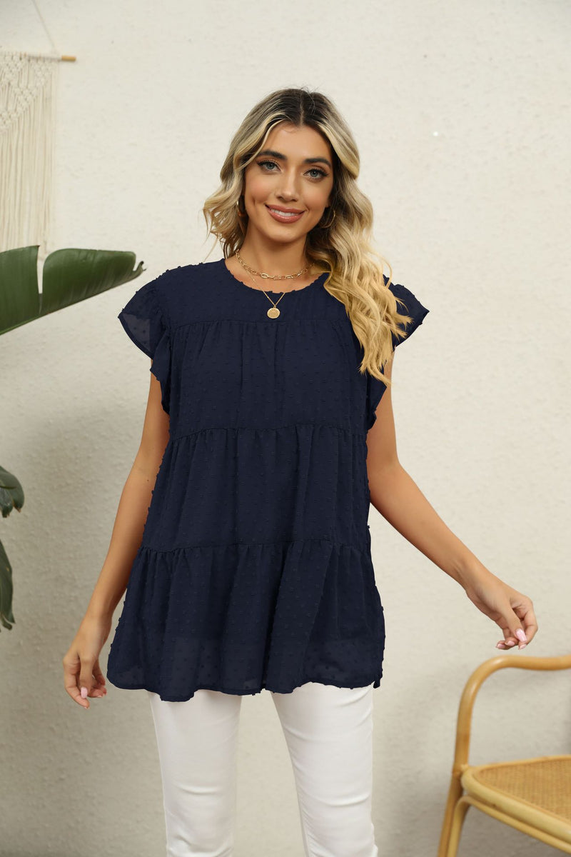 Aria Swiss Dot Round Neck Tiered Blouse