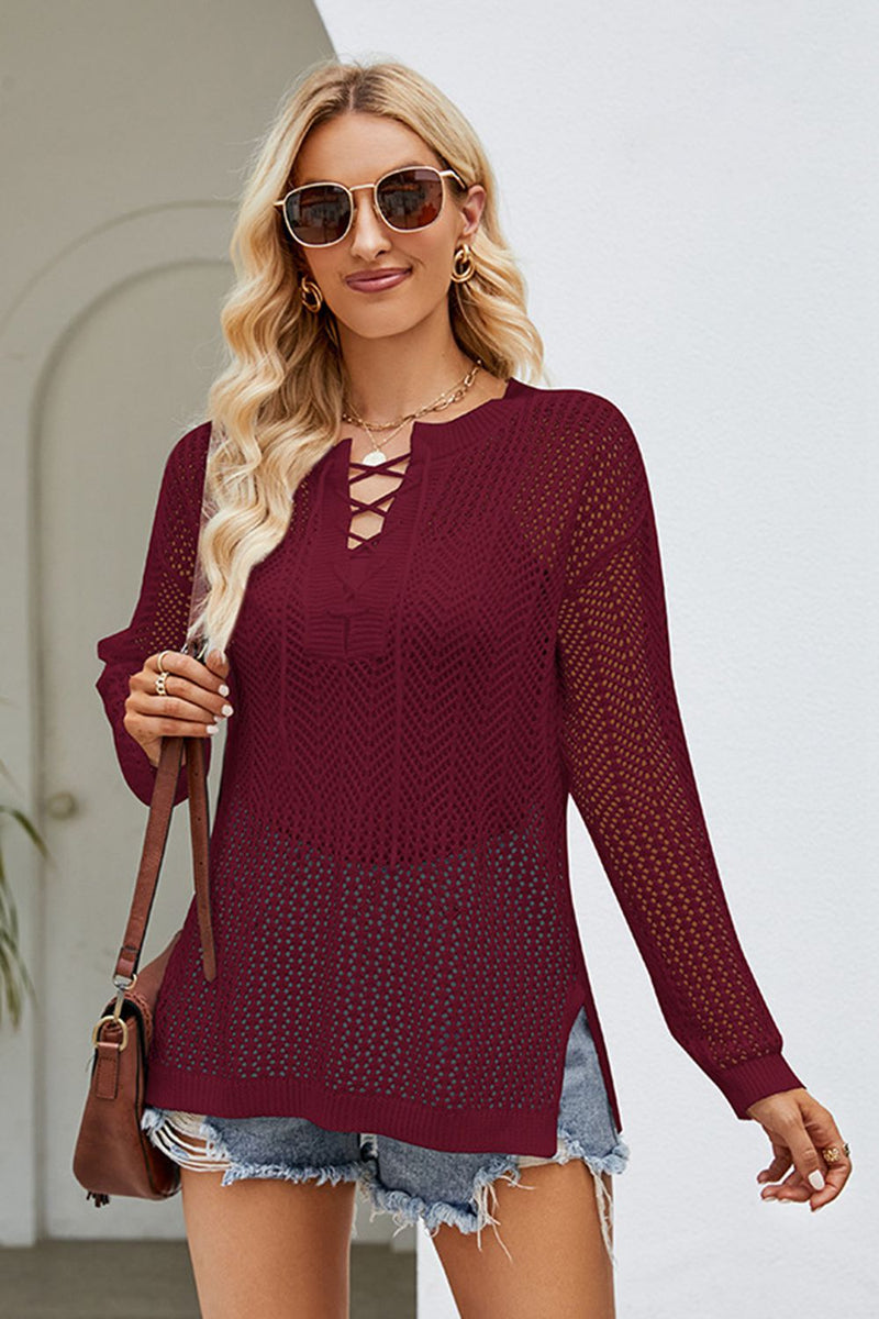 Nona Lace-Up Slit Knit Top - Deal of the Day!