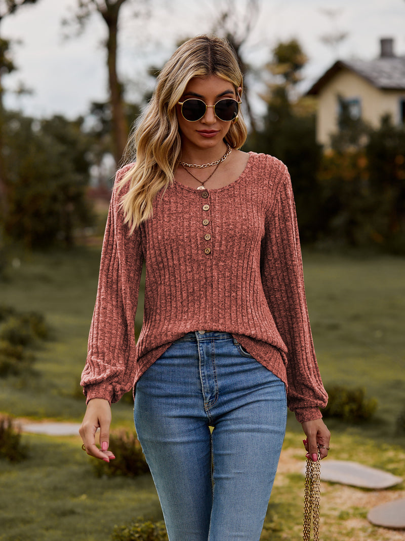 Nailey Round Neck Button-Down Long Sleeve Tee