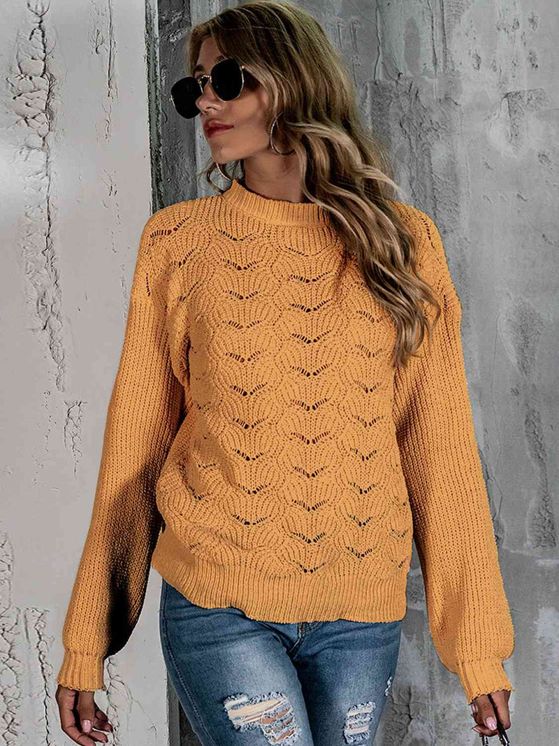 Lacy Openwork Mock Neck Long Sleeve Sweater