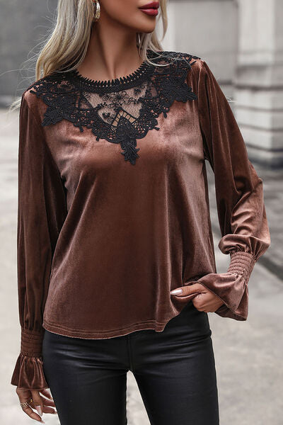 Delaney Lace Detail Round Neck Smocked Flounce Sleeve Blouse