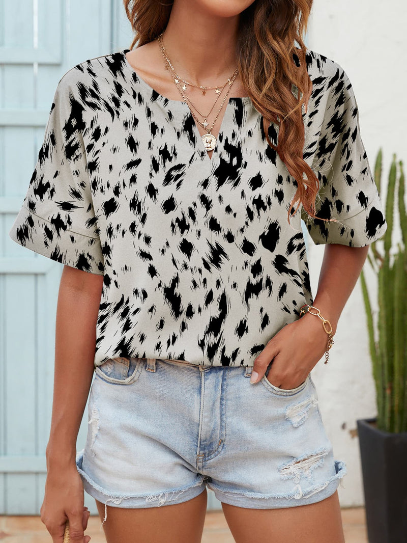 Santi Printed Notched Neck Half Sleeve Blouse - Deal of the Day!