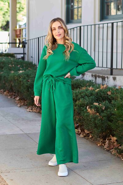 Bronwyn Double Take Full Size Textured Long Sleeve Top and Drawstring Pants Set