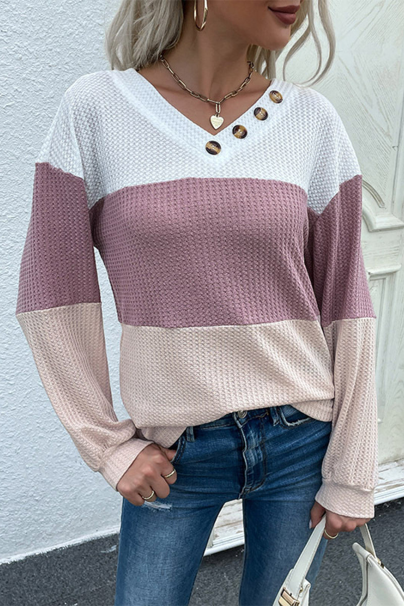 Posy Color Block Waffle Knit Button Detail Top