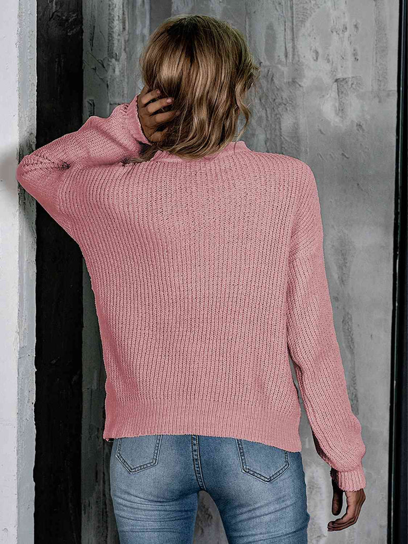 Lacy Openwork Mock Neck Long Sleeve Sweater