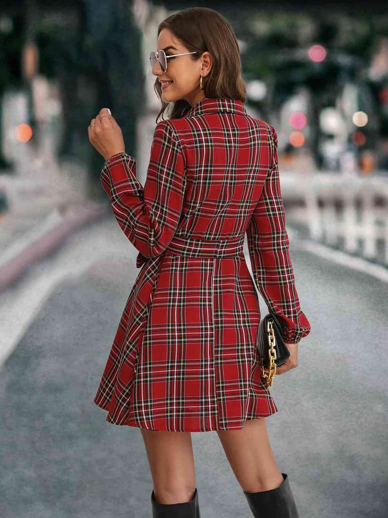 Plaid Tie Front Collared Neck Long Sleeve Dress