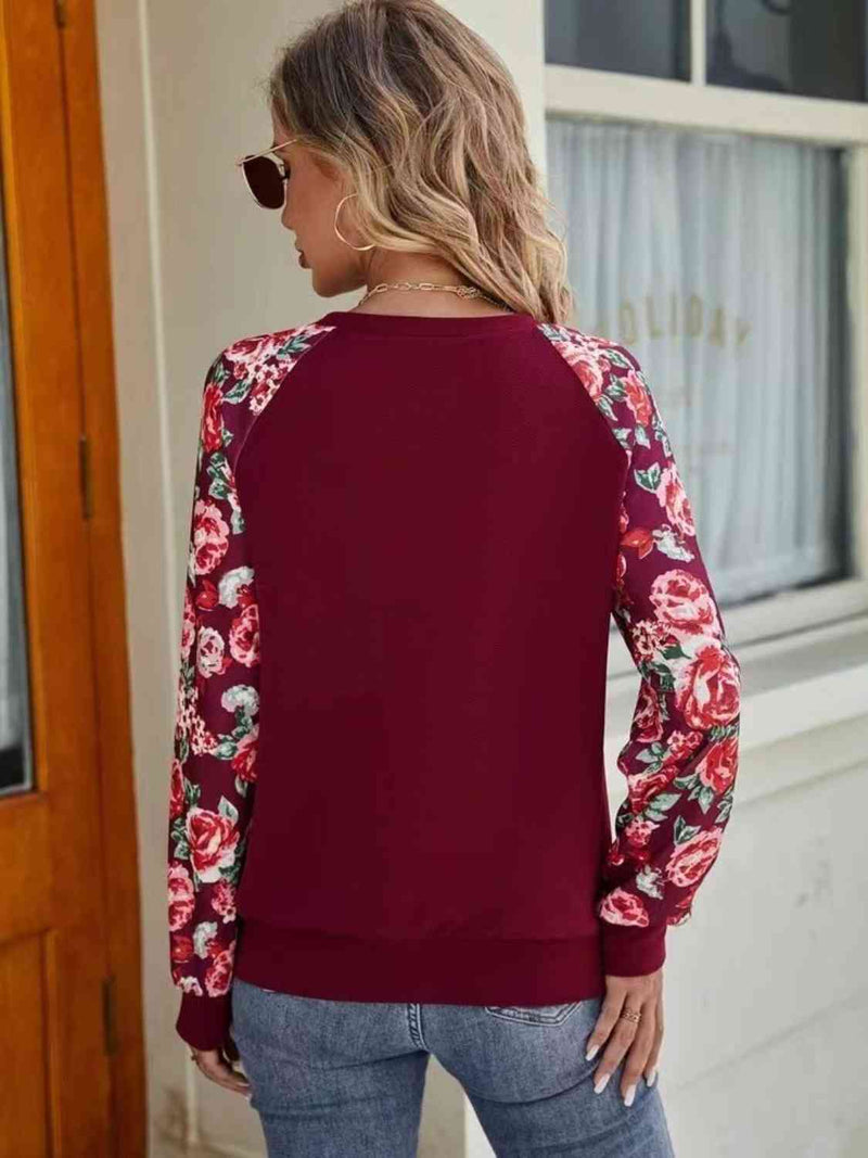 Rose Floral Raglan Sleeve Round Neck Sweatshirt -- Deal of the day!