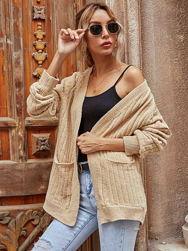 Zoey Ribbed Open Front Long Sleeve Cardigan with Pockets