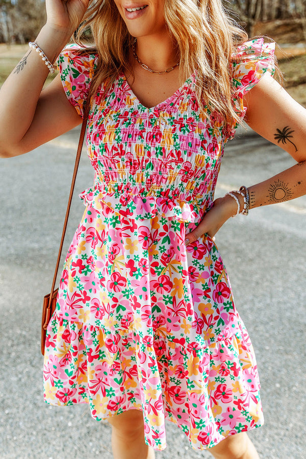 Carrie Floral Ruffle Trim Smocked Dress
