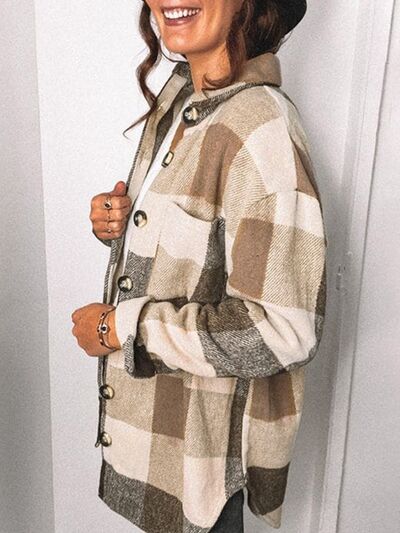 Polly Plaid Pocketed Dropped Shoulder Button Up Jacket