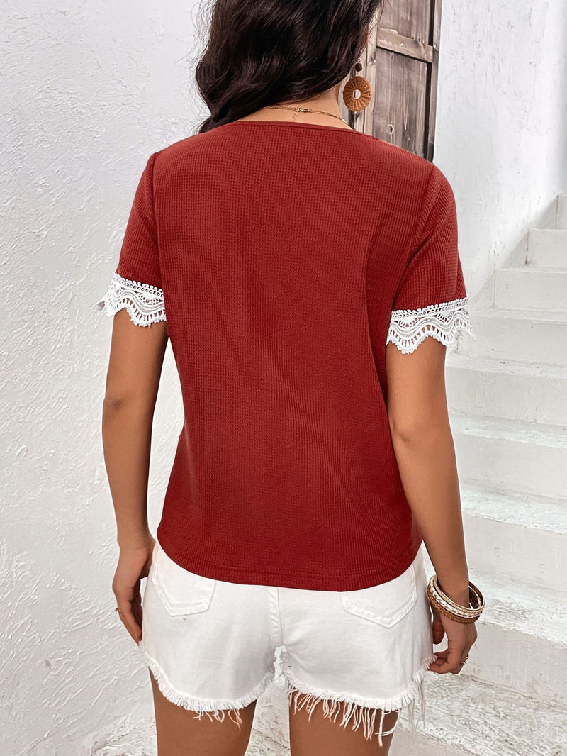 Liam Decorative Button Spliced Lace Short Sleeve Top - Deal of the Day!