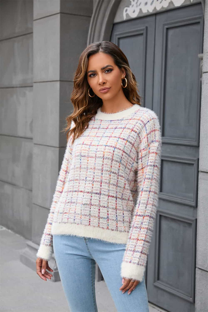 Seraphina Plaid Round Neck Long Sleeve Pullover Sweater