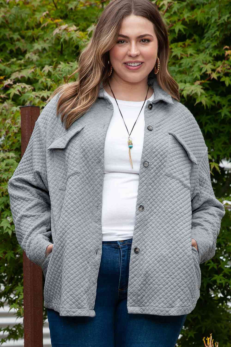 Sanaa Plus Size Collared Neck Button Up Pocketed Jacket