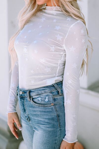 Reba Sheer Star Pattern Mock Neck Long Sleeve Blouse