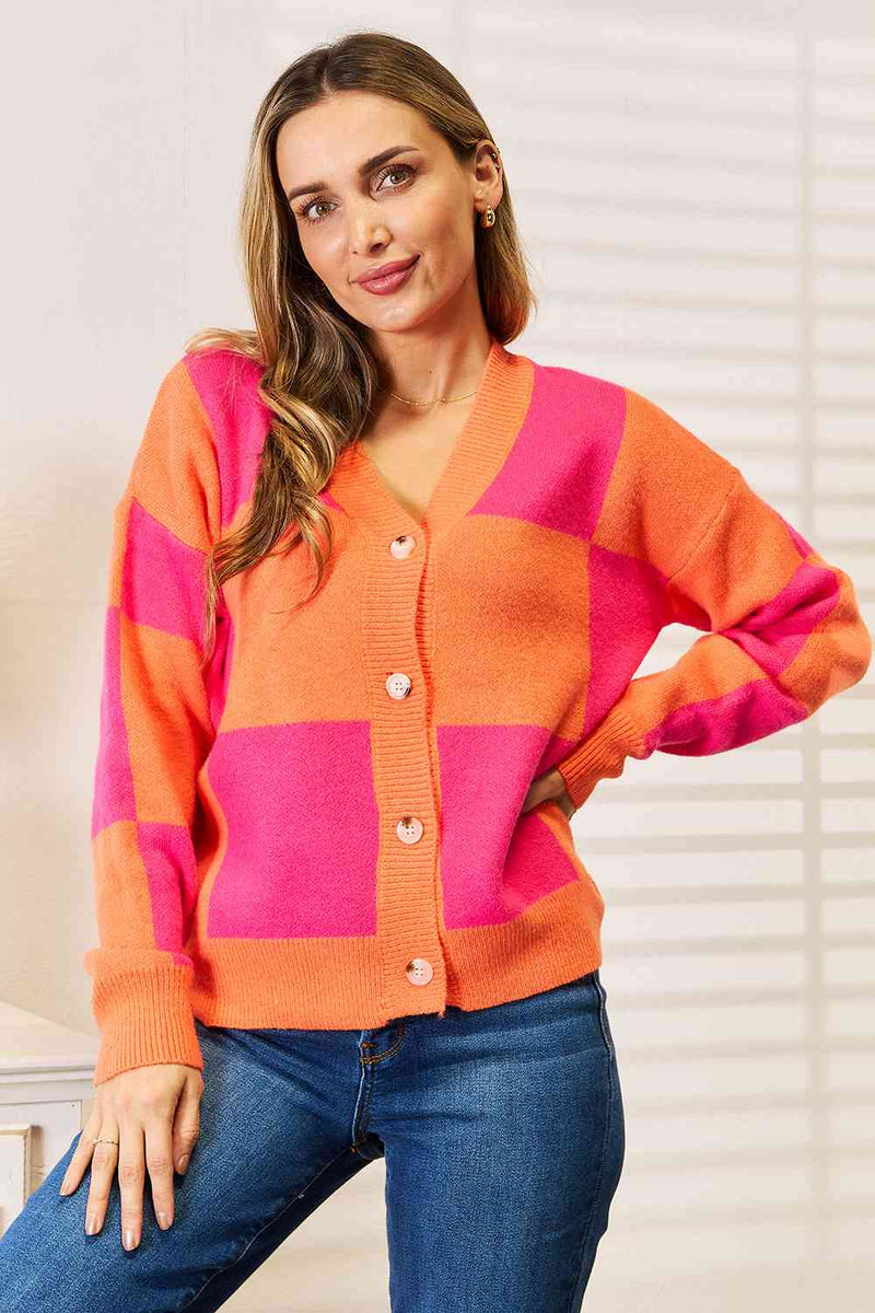 Reese Woven Right Checkered V-Neck Dropped Shoulder Cardigan