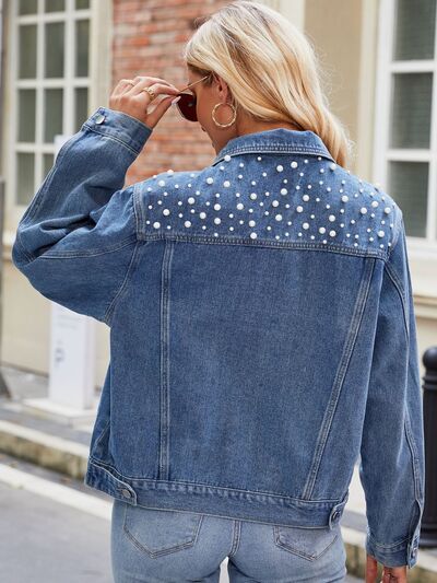 Manny Pearl Detail Collared Neck Long Sleeve Denim Jacket